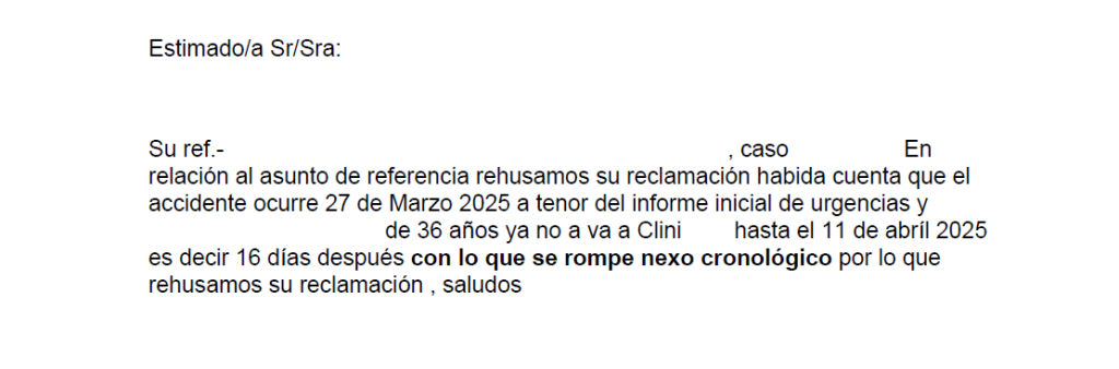 Carta de la aseguradora rehusando la reclamación por nexo cronológico