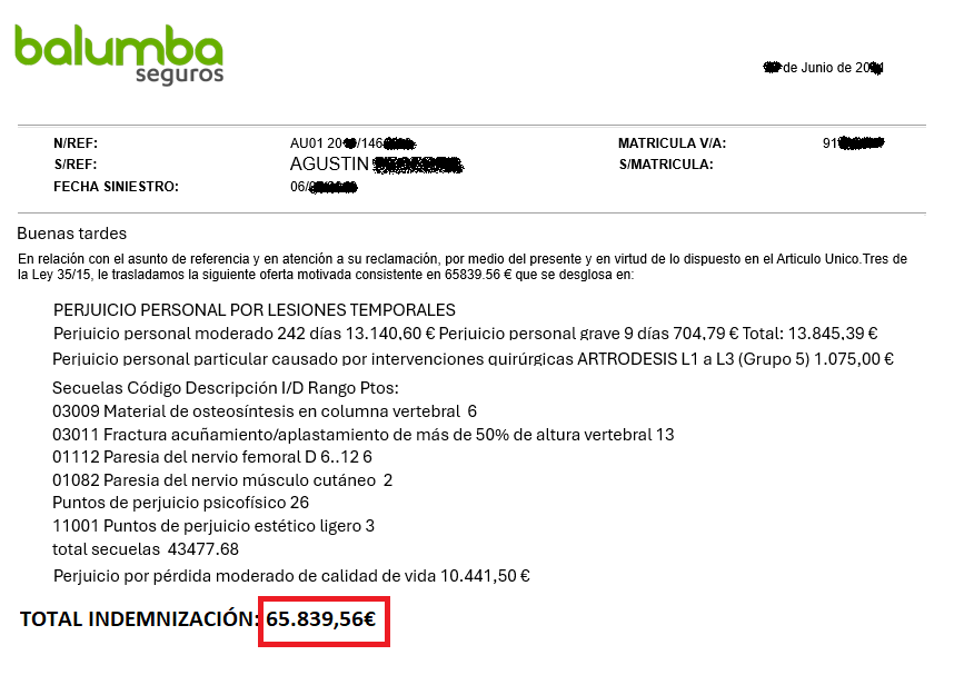 Oferta motivada de indemnización por atropello