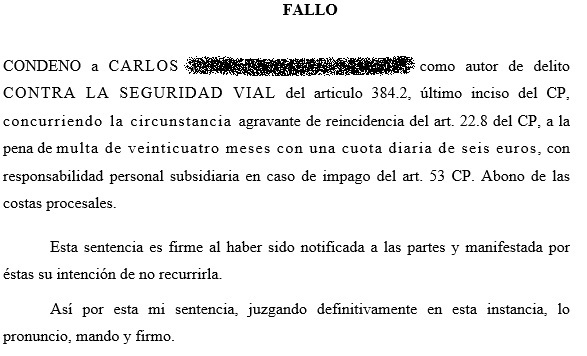 sentencia conduccion sin carnet por Legalcar Abogados