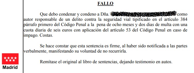 sentencia conduccion sin carnet por Legalcar Abogados