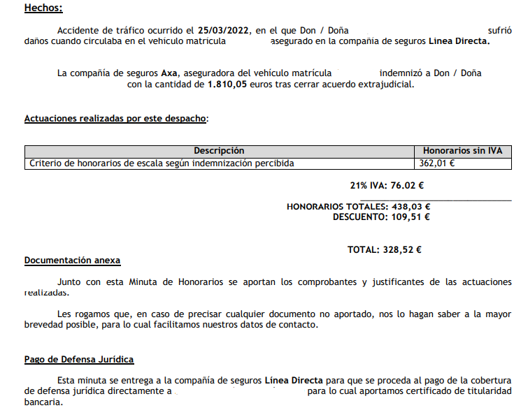 Minuta real de defensa jurídica en accidente de tráfico gestionada por Legalcar